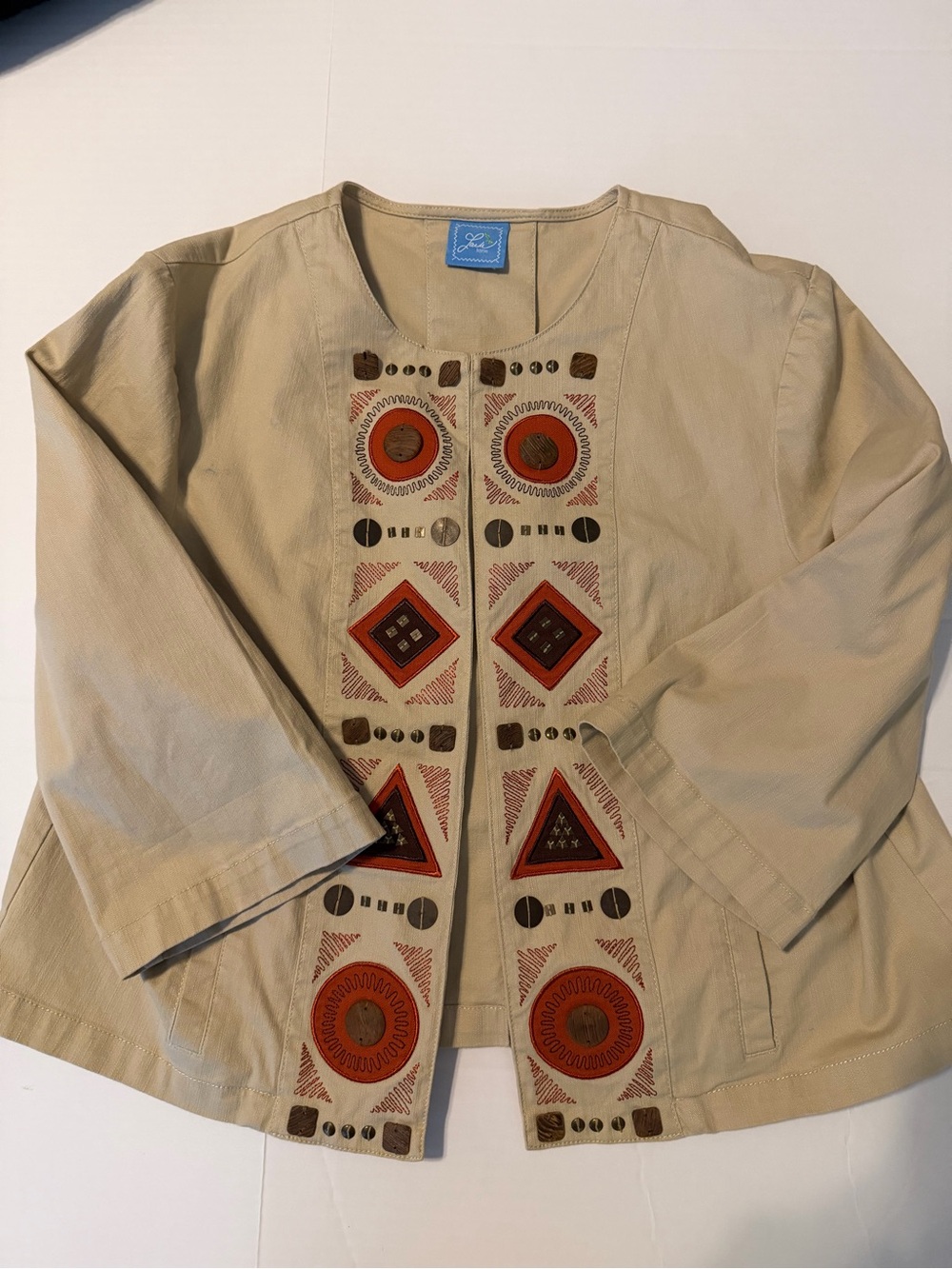 Vintage Lark Lane Embroidered Geometric Open Front Jacket Boho Art to Wear
